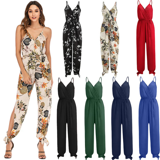 Spring and summer women's new camisole jumpsuit cross-border printed sexy backless lace up V-neck